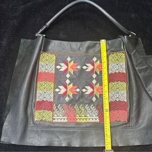 Cynthia Vincent Embroidered Black Leather Large Tote Bag 15X15